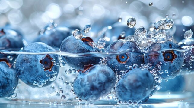 Fresh blueberries splashing in water