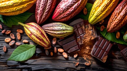 Poster - Cocoa pods and chocolate on rustic wood. Vibrant colors make the scene. Perfect for food industry creatives. AI