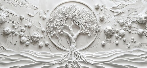 Wall Mural - 3D relief white tree wallpaper mural wall. AI generated illustration