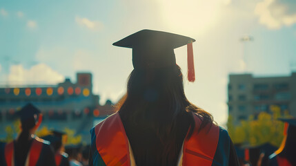 Wall Mural - Successful graduation from university, Rear view of university graduates wearing graduation gown and cap in the commencement day university at background