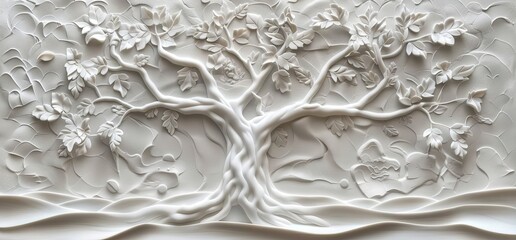 Wall Mural - 3D relief white tree wallpaper mural wall. AI generated illustration