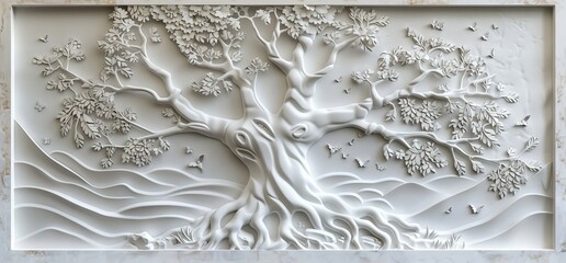 Wall Mural - 3D relief white tree wallpaper mural wall. AI generated illustration