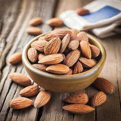 almonds in a bowl on a wooden table