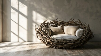 Wall Mural - Bird's nest woven rattan furniture with cushions reception table set Flower pots and vintage lamps isolated on white background in empty room with window shadows.