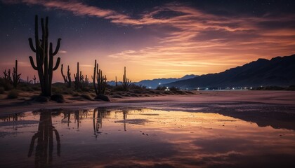 A desert landscape with a large body of water and a few cacti