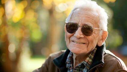 Wall Mural - an older man wearing sunglasses and a jacket smiling at the camera with a tree in the background