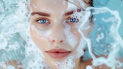 Wall Mural - a woman with blue eyes and bubbles of water around her face