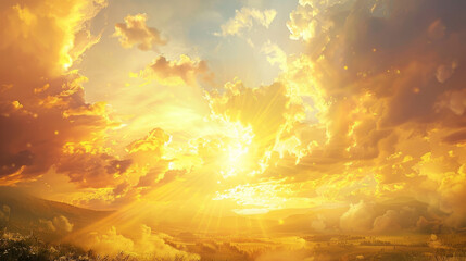 Wall Mural - A bright yellow sky with a sun shining through the clouds