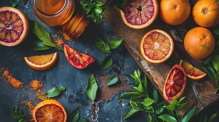 Citrus Sinensis, Blood orange with the leaf 