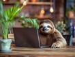 © Tanakorn - A Sloth Working on a Laptop Computer in a Cafe Setting, Enjoying His Work and a Moment of Peace