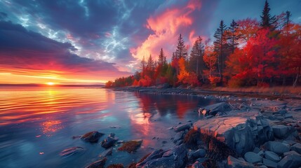 Sunrise over the rocky shore, autumn foliage and pine trees, colorful sky with sun rays reflecting on the water. River flowing amidst rocky shores, creating a picturesque natural landscape.