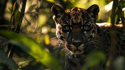 close up of a panther in the jungle, portrait of a panther, wild panther in the forest