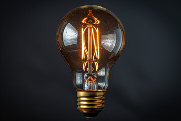 A vintage style glowing light bulb with visible filament against a dark, moody background.. AI generated.