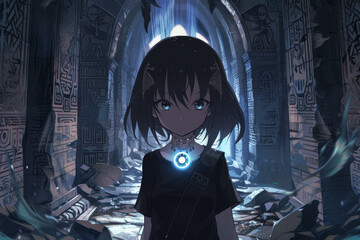 Sticker - A girl with blue eyes and a necklace is standing in a dark room
