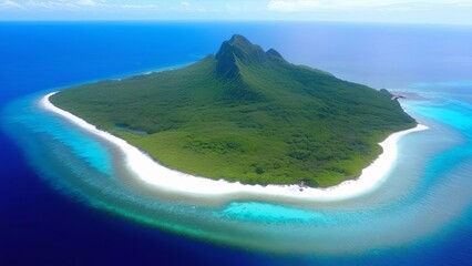 A beautiful island with a mountain in the middle. The island is surrounded by blue water. The sky is clear and bright