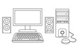 © Nicolas - Vector e ilustración de computadora de escritorio con teclado, mouse, monitor y parlantes. Icono de tecnología en blanco y negro para sitio web, app y otros similares.