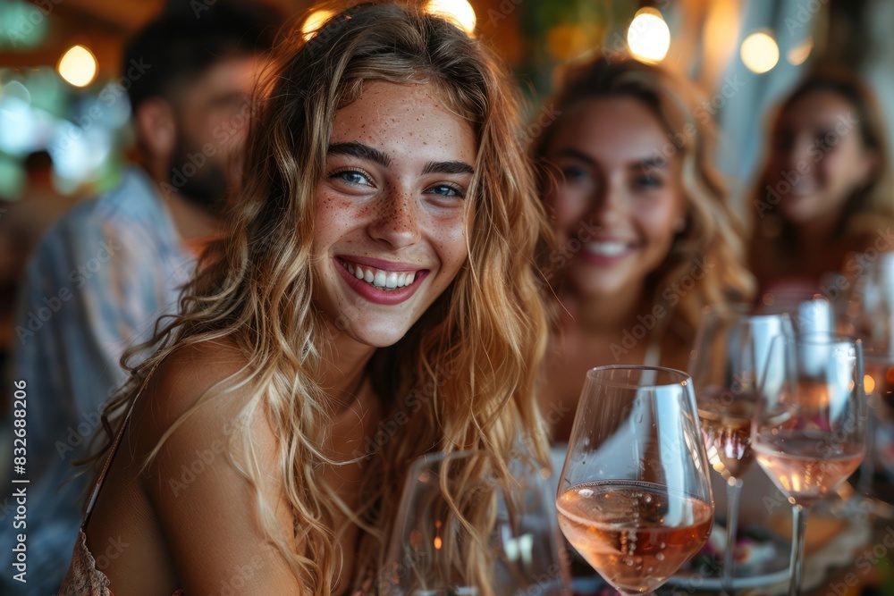 Happy friends sitting at restaurant tables drinking red wine - multi ...