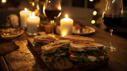 Cozy evening dinner with wine and sandwiches