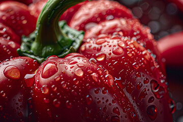 A red pepper with a green stem is covered in raindrops