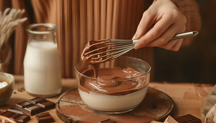 Woman with glass of milk and whisk mixing delicious chocolate cream at textured table, closeup