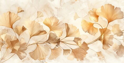 Wall Mural - Abstract luxury art background with ginkgo leaves in blue, beige and gold tones. Botanical watercolor banner for wallpaper. AI generated illustration