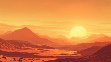 Sticker - Vibrant orange hues paint a serene sunset over expansive desert mountains