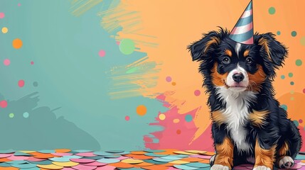 Funny little dog in a festive striped pink and blue cap on a multi-colored background. Birthday celebration. Party invitation. Free space for text