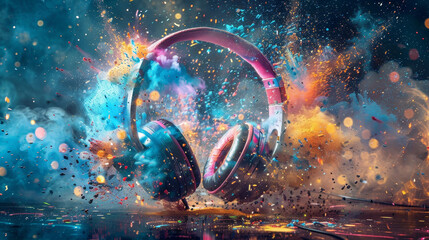 Wall Mural - A pair of headphones is surrounded by colorful sparks and smoke
