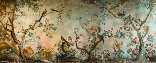 3d wallpaper design with branches, birds and flowers for digital wall print. AI generated illustration