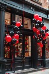 Wall Mural - A festive storefront decorated with black and red balloons and banners advertising Black Friday sales.