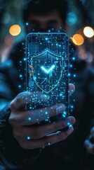 A person holding a smartphone with a digital shield hologram, symbolizing cybersecurity and data protection in a futuristic environment.