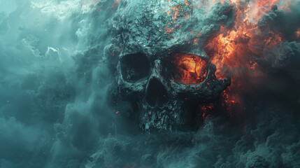 Wall Mural - A skull is surrounded by a cloud of smoke and fire