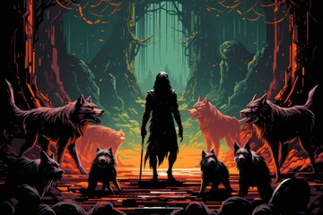 Wall Mural - A fearsome beastmaster, commanding a pack of loyal and deadly creatures. - Generative AI