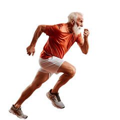 Energetic elderly man in sportswear running, isolated on a transparent background with clipping path