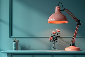 Wall Mural - A pink lamp is on a table next to a vase of flowers