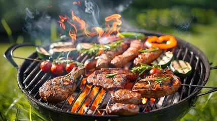 Wall Mural - Grilled meats and veggies sizzle on the grill, surrounded by smoke and flames against a backdrop of lush green grass.