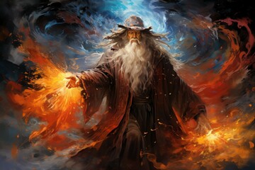 Canvas Print - A powerful and enigmatic elemental mage, commanding the forces of fire, water, earth, and air. - Generative AI