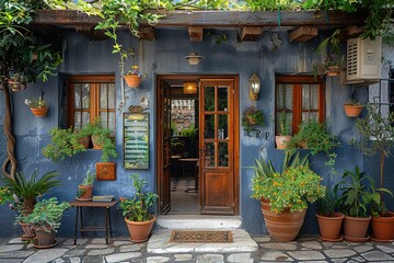 Wall Mural - A blue building with a wooden door and a sign on the door