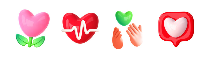 heart and love emoji, 3d icon. hands give heart, cardio concept, like symbol, love flower, donate. v