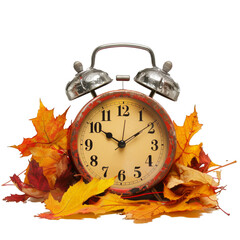 Classic alarm clock surrounded by colorful fall leaves, set against a transparent checkered backdrop