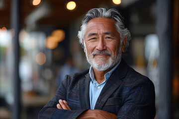 Wall Mural - Mature Asian businessman with grey hair and beard, smiling confidently in a checkered blazer and white shirt, in a dynamic urban environment