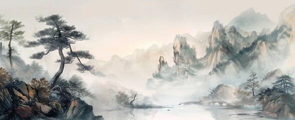 Wall Mural - Hand drawn watercolor landscape. Norway, cold nature. Mural Wallpaper. AI generated illustration