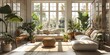 © StudioPix - Bright sunroom design in an apartment with comfortable seating, plants, and large windows