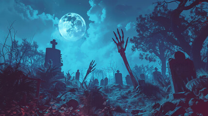 Wall Mural - A graveyard with a large moon in the sky