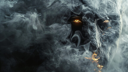 A monster with glowing eyes and a face covered in smoke