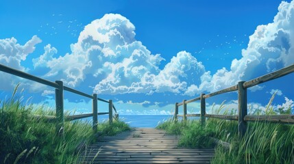 Wall Mural - Wooden walkway under the clear blue sky filled with fluffy white clouds