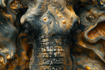 Wall Mural - Abstract portrait of a woolly mammoth with swirling patterns and earthy tones,