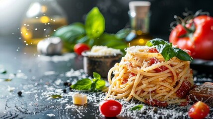 Wall Mural - Homemade Italian spaghetti with a rich tomato sauce, fresh basil, and grated Parmesan cheese. Classic Italian dish served on a dark table with a rustic background.
