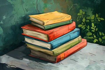 Wall Mural - Books stacked on table near wall