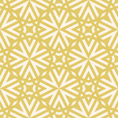 Wall Mural - Vector golden geometric graphic texture. Elegant seamless pattern with lines, stars, arrows, grid, lattice, floral silhouettes. Simple abstract gold background. Modern repeated decorative geo design